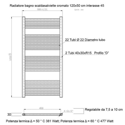 Termoarredo Scaldasalviette Bagno cm 120x50 - Cromato