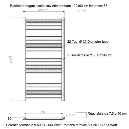 Termoarredo Scaldasalviette Bagno cm 120x60 - Cromato