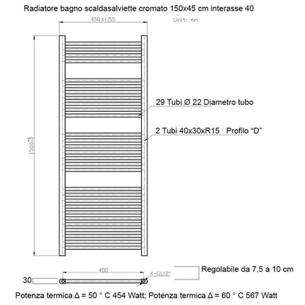 Termoarredo Scaldasalviette Bagno cm 150x45 - Cromato