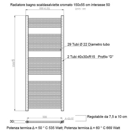 Termoarredo Scaldasalviette Bagno cm 150x55 - Cromato