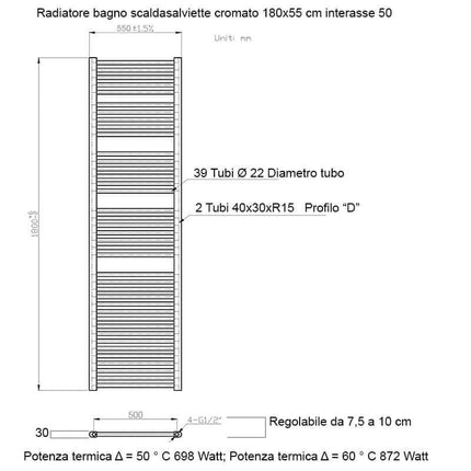 Termoarredo Scaldasalviette Bagno cm 180x55 - Cromato