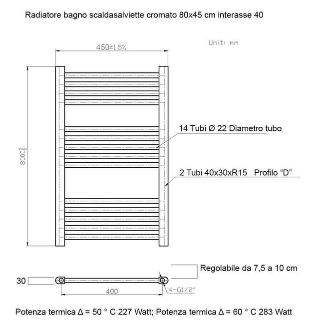 Termoarredo Scaldasalviette Bagno cm 80x45 - Cromato
