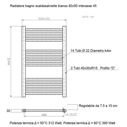Termoarredo Scaldasalviette Bagno cm 80x50