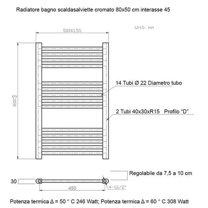 Termoarredo Scaldasalviette Bagno cm 80x50 - Cromato