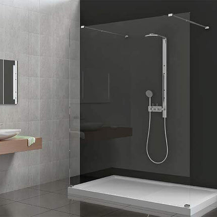 Walk-in a doppio ingresso H200cm cristallo trasparente 8mm con due barre cromate in bagno con lavabo