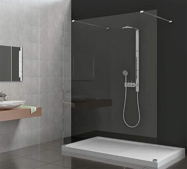 Walk-in a doppio ingresso H200cm cristallo trasparente 8mm con due barre cromate in bagno con lavabo