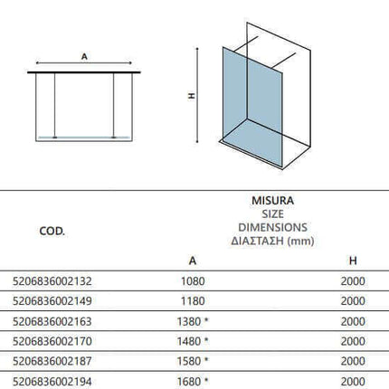 Schema tecnico del walk-in doppio ingresso H200cm con tabella codici, larghezza e altezza dei pannelli