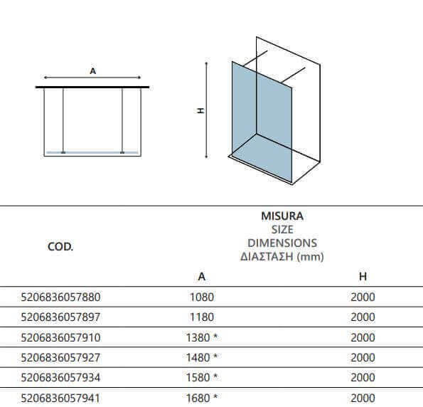 Schema tecnico del walk-in doppio ingresso fumè H200cm profili nero opaco con tabella codici e misure