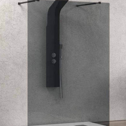 Walk-in a doppio ingresso in cristallo fumè 8mm H200cm con profili nero opaco e colonna doccia nera a muro