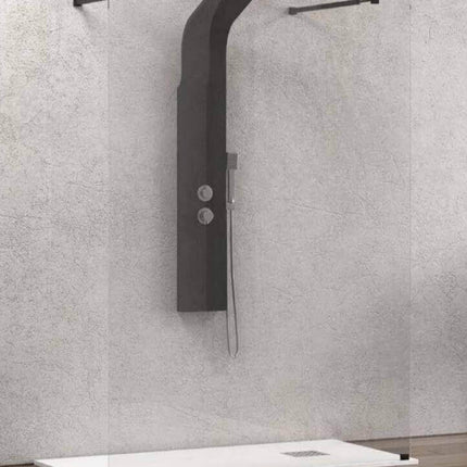 Walk-in a doppio ingresso H200cm trasparente 8mm anticalcare con profili neri e colonna doccia nera a muro