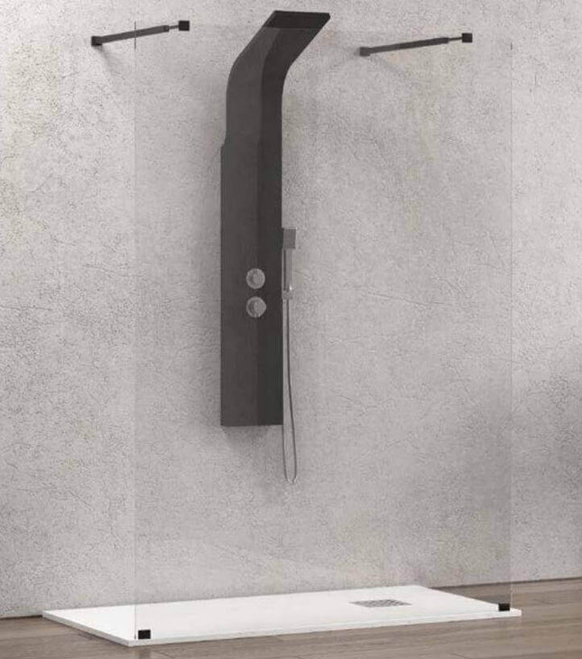 Walk-in a doppio ingresso H200cm trasparente 8mm anticalcare con profili neri e colonna doccia nera a muro