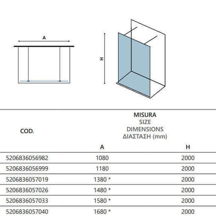 Disegno tecnico del walk-in doppio ingresso H200cm profili neri con tabella codici, misure e altezze
