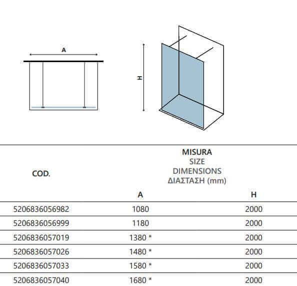 Disegno tecnico del walk-in doppio ingresso H200cm profili neri con tabella codici, misure e altezze