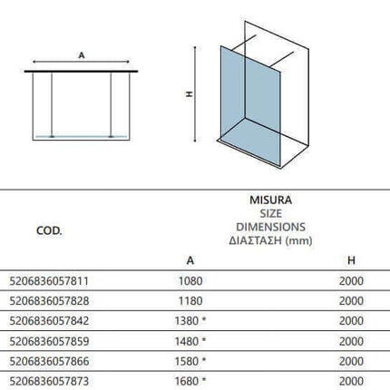 Disegno tecnico del walk-in a posizionamento libero H200cm profili bianco opaco con tabella delle misure