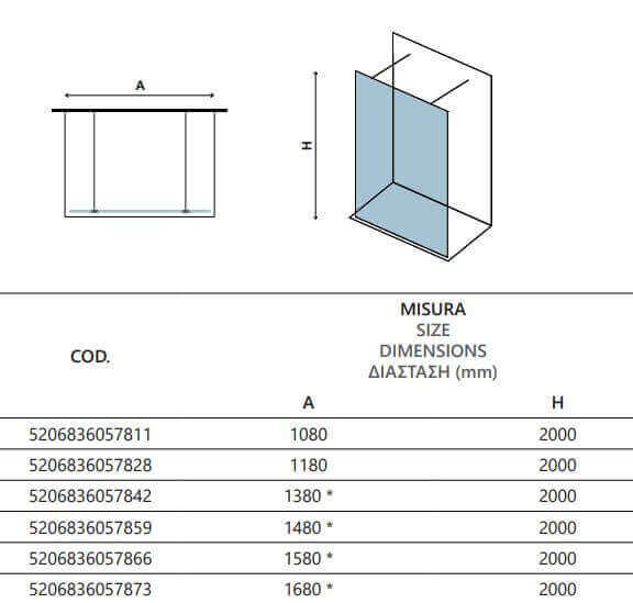 Disegno tecnico del walk-in a posizionamento libero H200cm profili bianco opaco con tabella delle misure