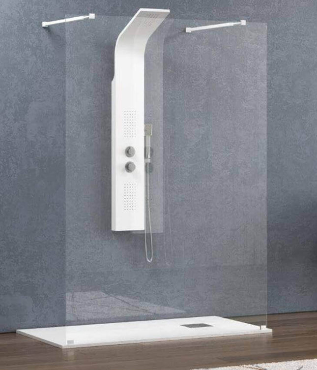 Walk-in a posizionamento libero H200cm trasparente 8mm con bracci di sostegno e profili bianco opaco