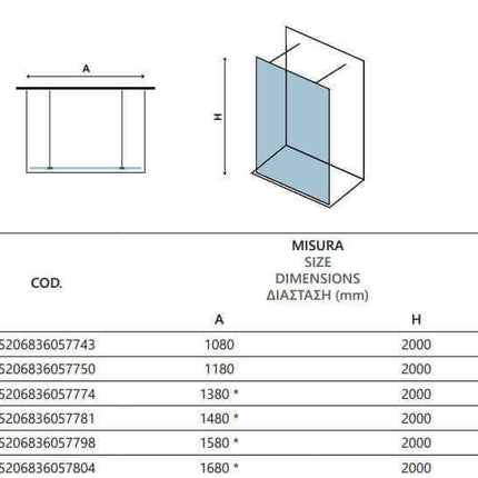 Schema tecnico del walk-in a posizionamento libero H200cm dettagli oro con tabella codici e dimensioni