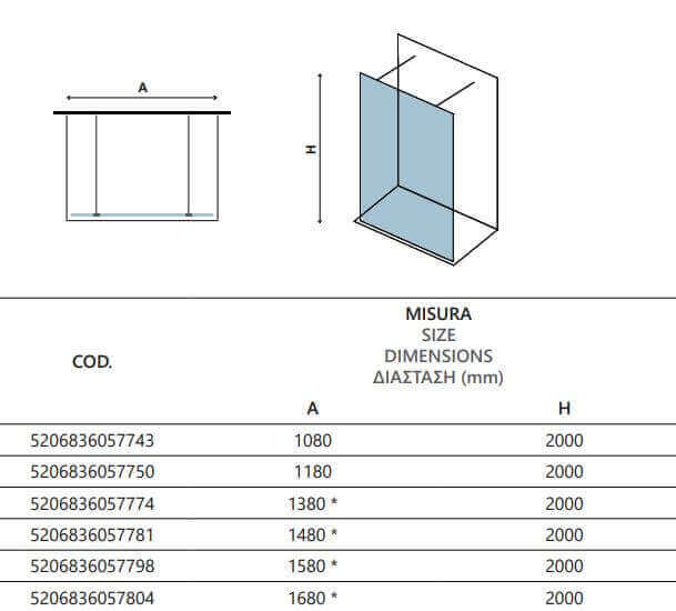 Schema tecnico del walk-in a posizionamento libero H200cm dettagli oro con tabella codici e dimensioni