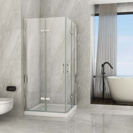 Box doccia angolare Cancer anta a libro cristallo 8mm H195 in bagno moderno con vasca, marmo grigio e finestra