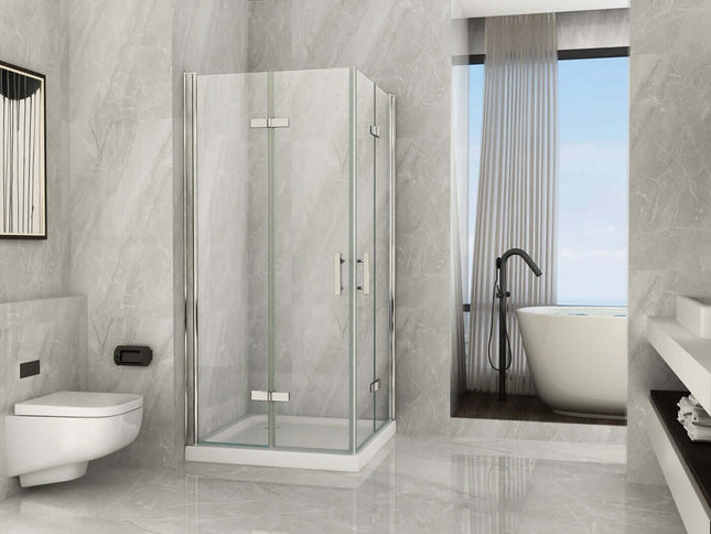 Box doccia angolare Cancer anta a libro cristallo 8mm H195 in bagno moderno con vasca, marmo grigio e finestra