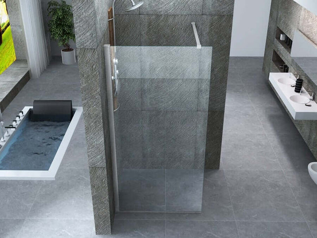 Parete doccia walk-in trasparente 8mm in ampio bagno di design con vasca incassata, lavabo sospeso e pareti in pietra