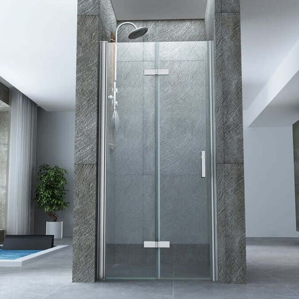 Porta doccia a libro per nicchia H195 cristallo 8mm trasparente con profili cromati, vista frontale completa in ambiente bagno moderno