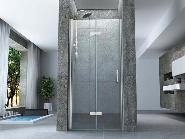 Porta doccia a libro per nicchia H195 cristallo 8mm trasparente con profili cromati, vista frontale completa in ambiente bagno moderno